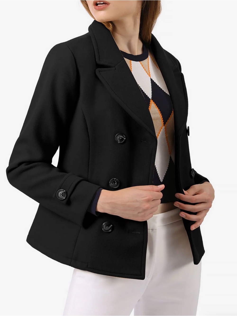 Allegra K Winter Notched Lapel Double Breasted Short Pea Coat Size M. Black New